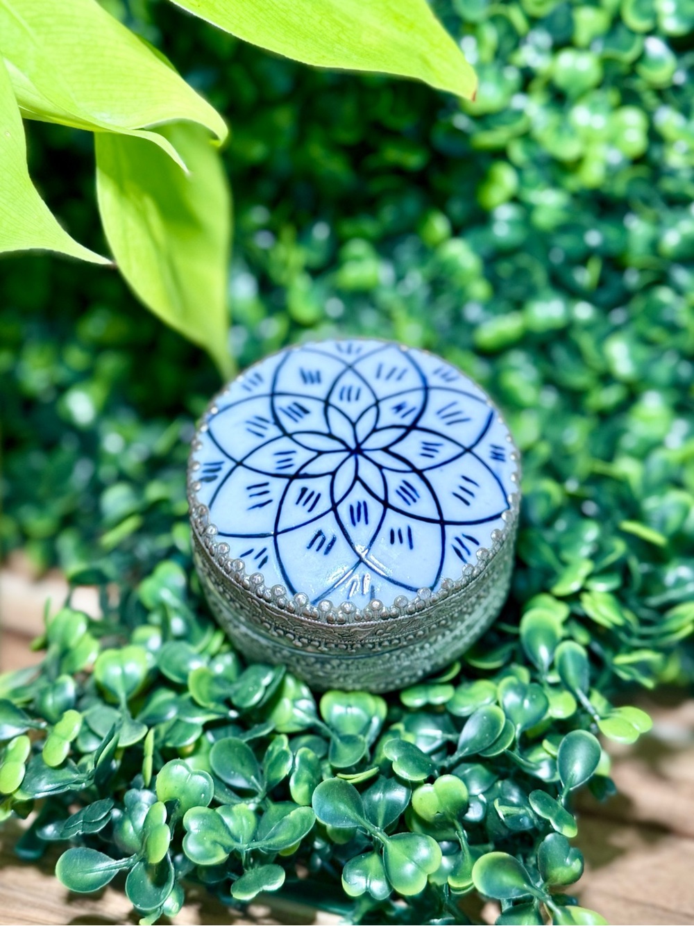 Vintage Chinese porcelain and silver plated trinket box 2.65”